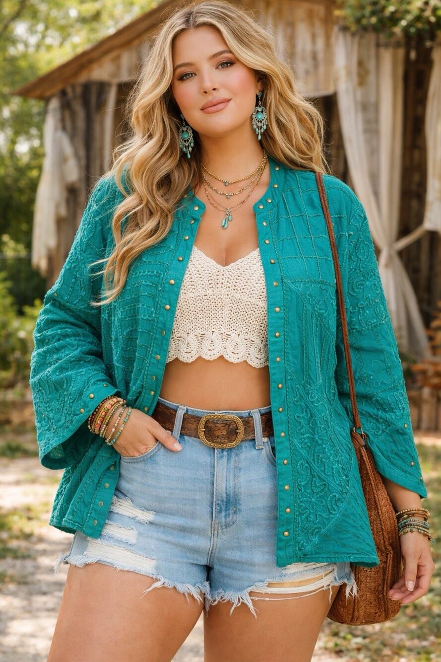 Multiples 2X Teal Embroidered Boho Jacket Cotton Studded Open Front Artsy Chic